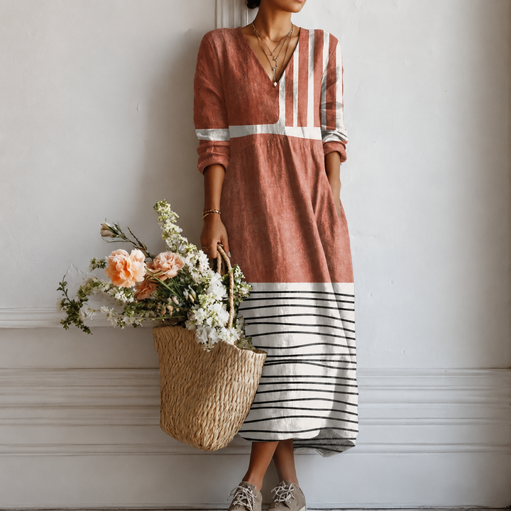 Rosa™ | Boho Maxi Dress with Colour Blocking in Terracotta