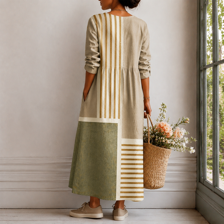 Monika™ | Boho Maxi Dress with Striped Patchwork in Natural Tones