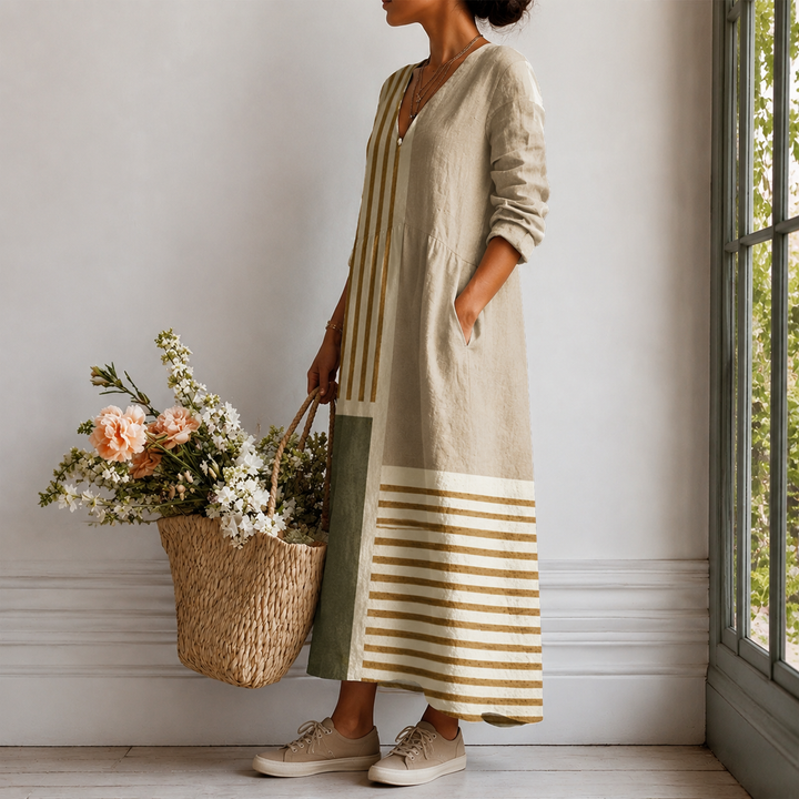 Monika™ | Boho Maxi Dress with Striped Patchwork in Natural Tones