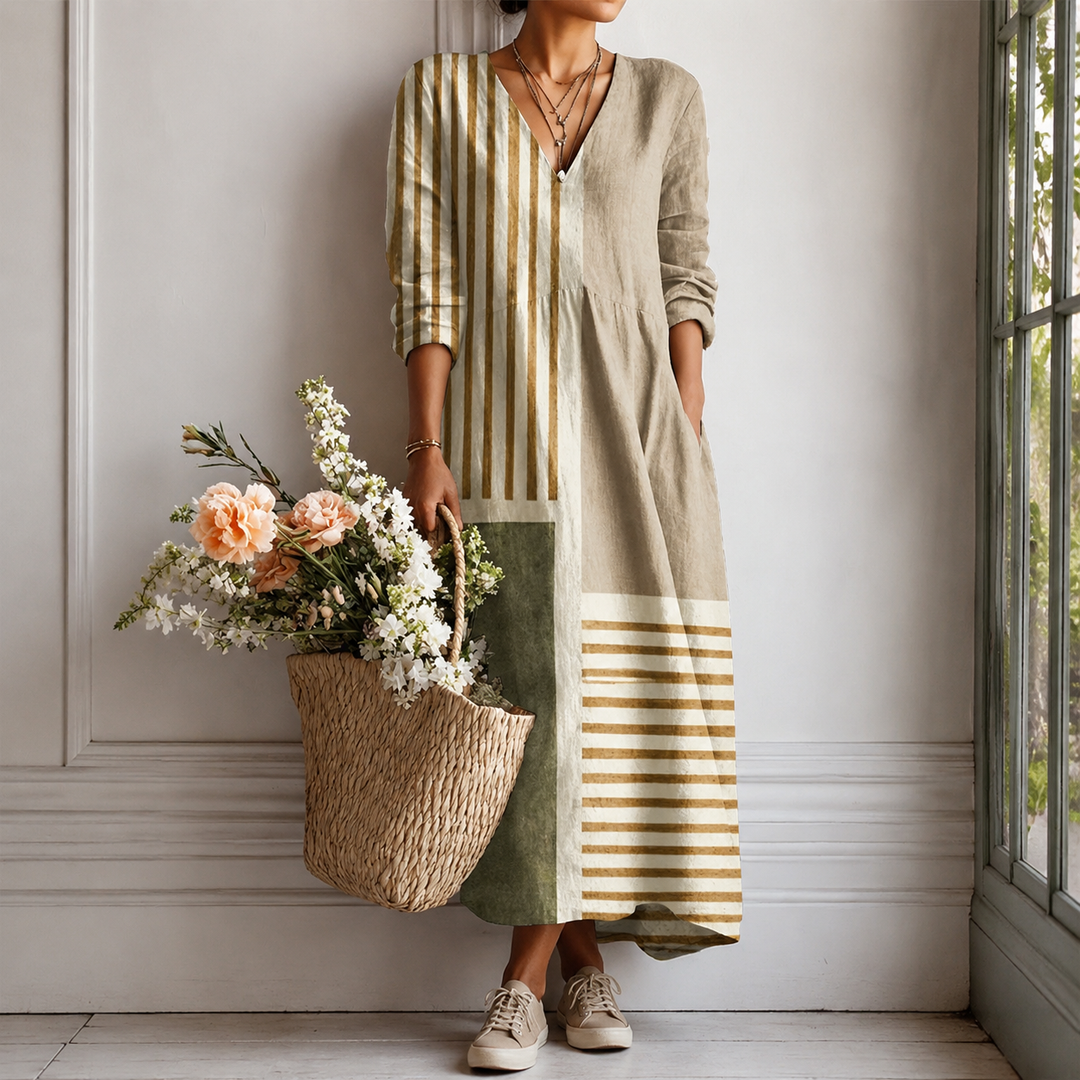 Monika™ | Boho Maxi Dress with Striped Patchwork in Natural Tones