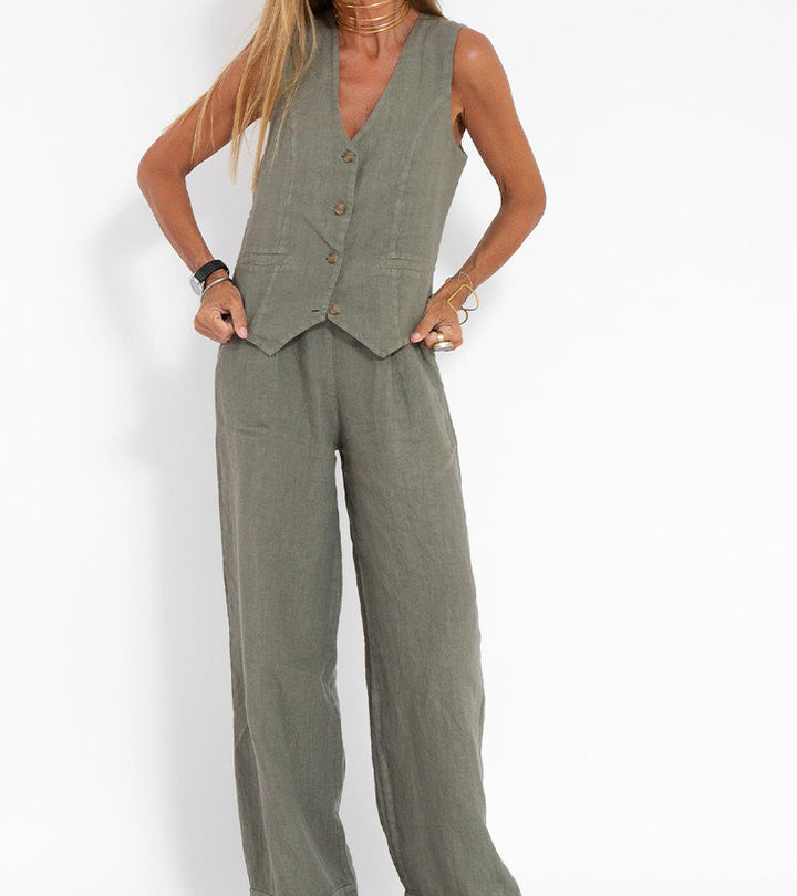 Aira - Button-Up Vest &amp; Wide-Leg Trousers Set