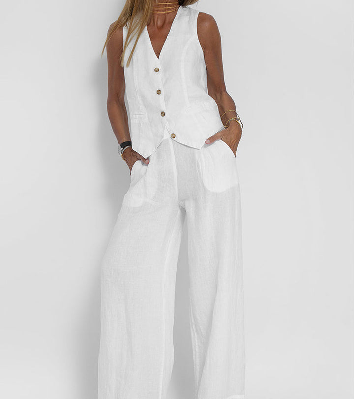 Aira - Button-Up Vest &amp; Wide-Leg Trousers Set