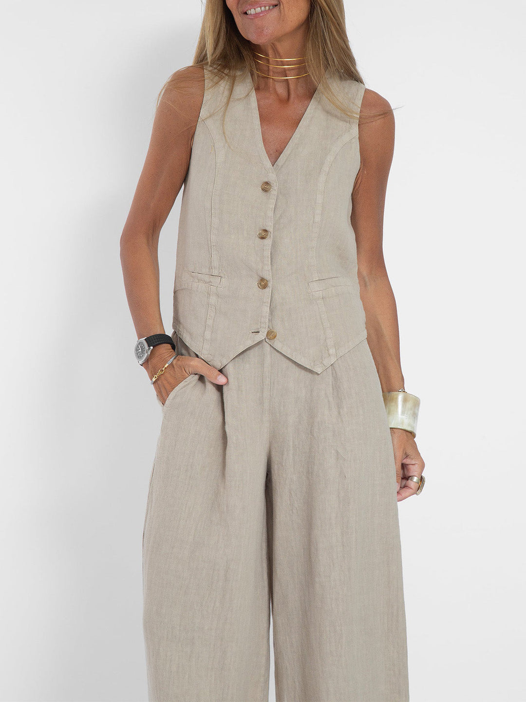 Aira - Button-Up Vest &amp; Wide-Leg Trousers Set