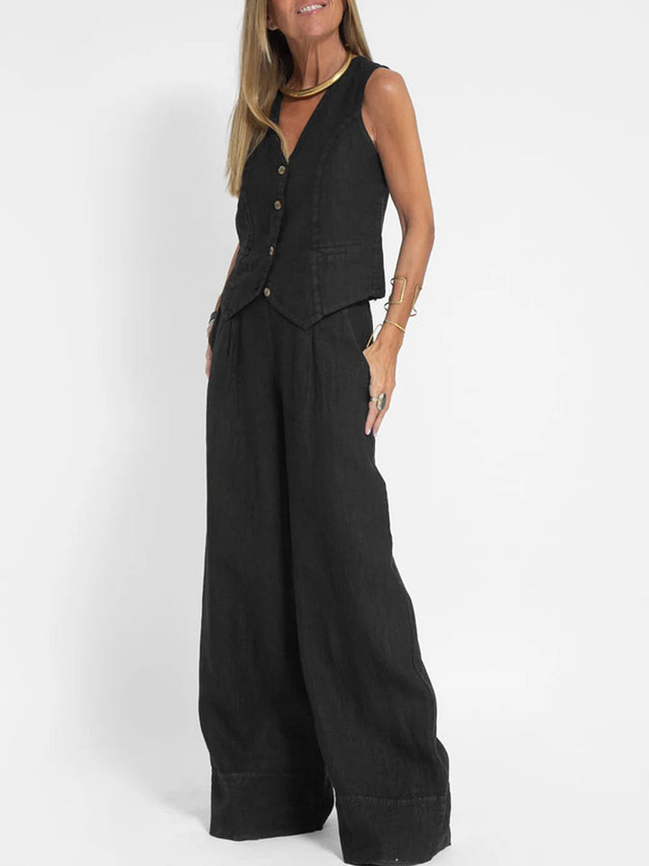 Aira - Button-Up Vest &amp; Wide-Leg Trousers Set