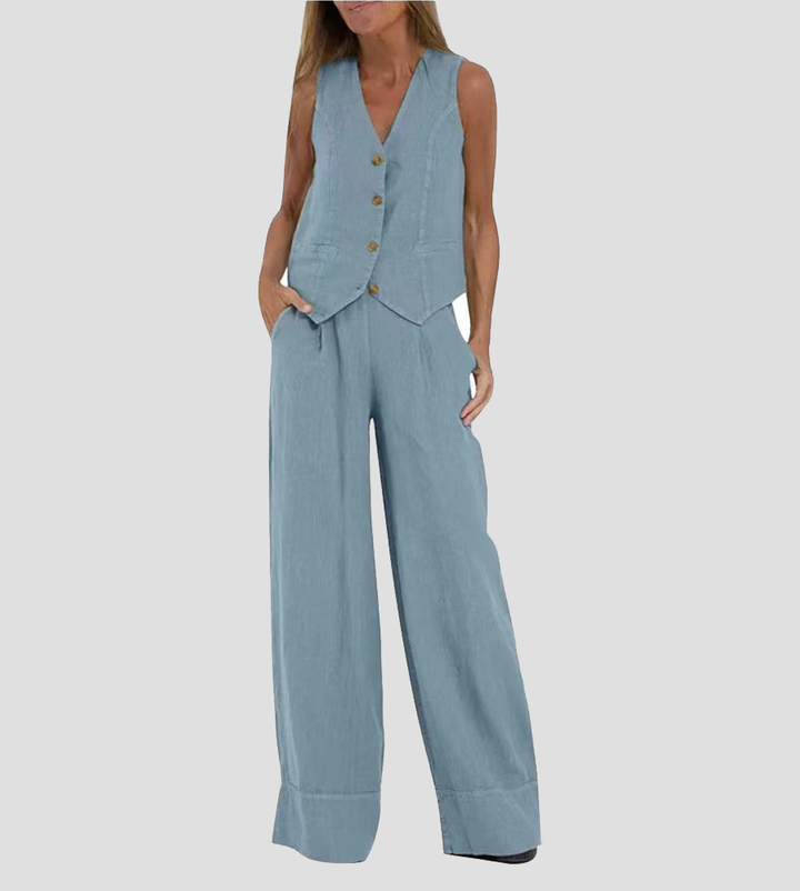 Aira - Button-Up Vest &amp; Wide-Leg Trousers Set