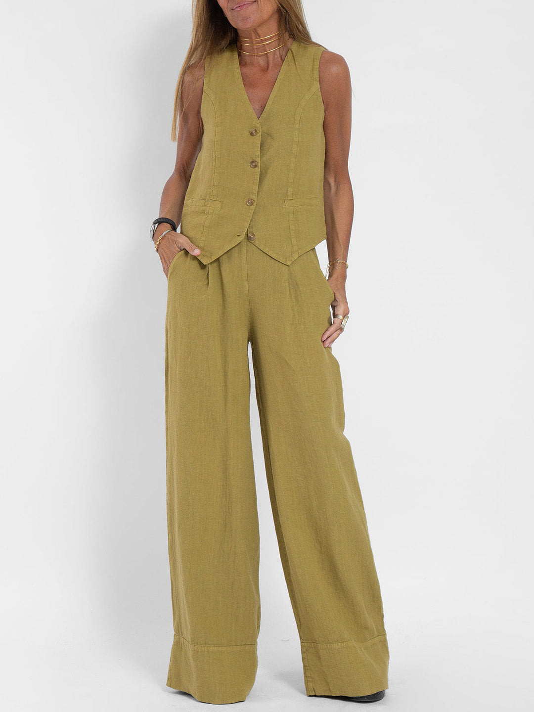 Aira - Button-Up Vest &amp; Wide-Leg Trousers Set